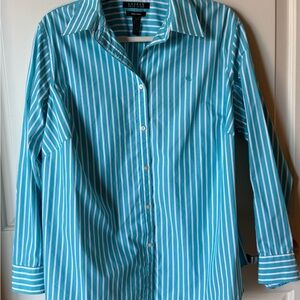 Lauren Ralph Lauren Non-Iron Turquoise and white Striped button down shirt Sz 1X